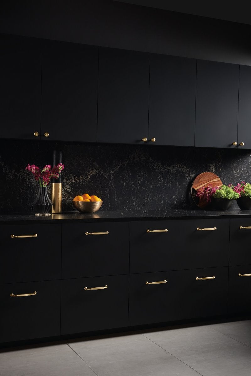 Dark black kitchen with gold pulls